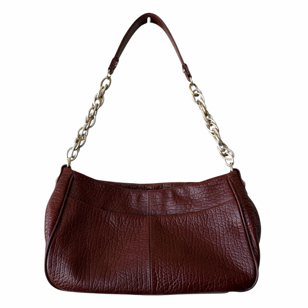 ELLIOT LUCCA Brown Pebbled Leather Shoulder Bag Chain Strap Hobo Handbag